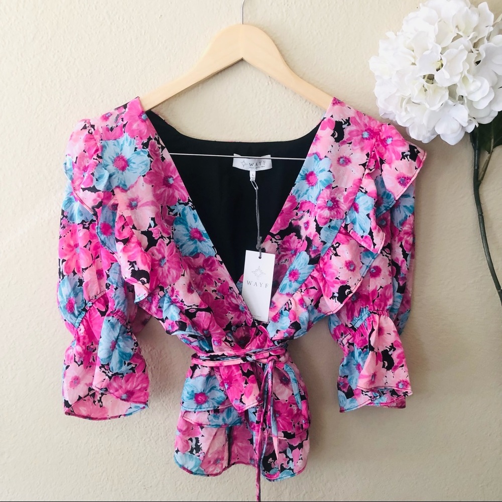 WAYF Floral Print Ruffle Wrap Top